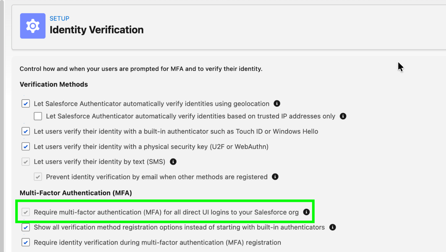 Salesforce MFA Settings Screenshot